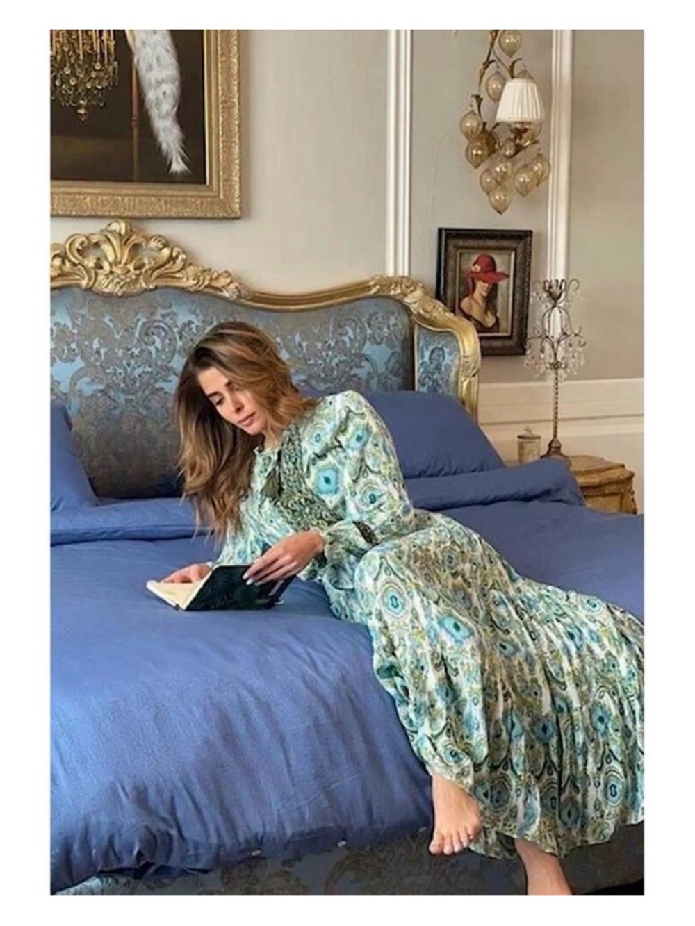 ZARA Elegant Green Patterned Maxi Dress - Women's Long Sleeve Dress